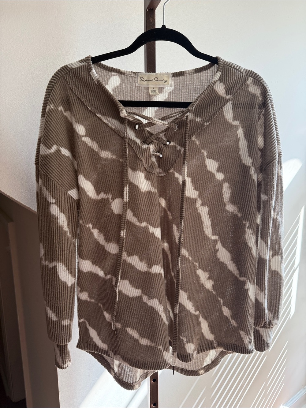 French Laundry Taupe & White Lace-Up Waffle Knit Hoodie